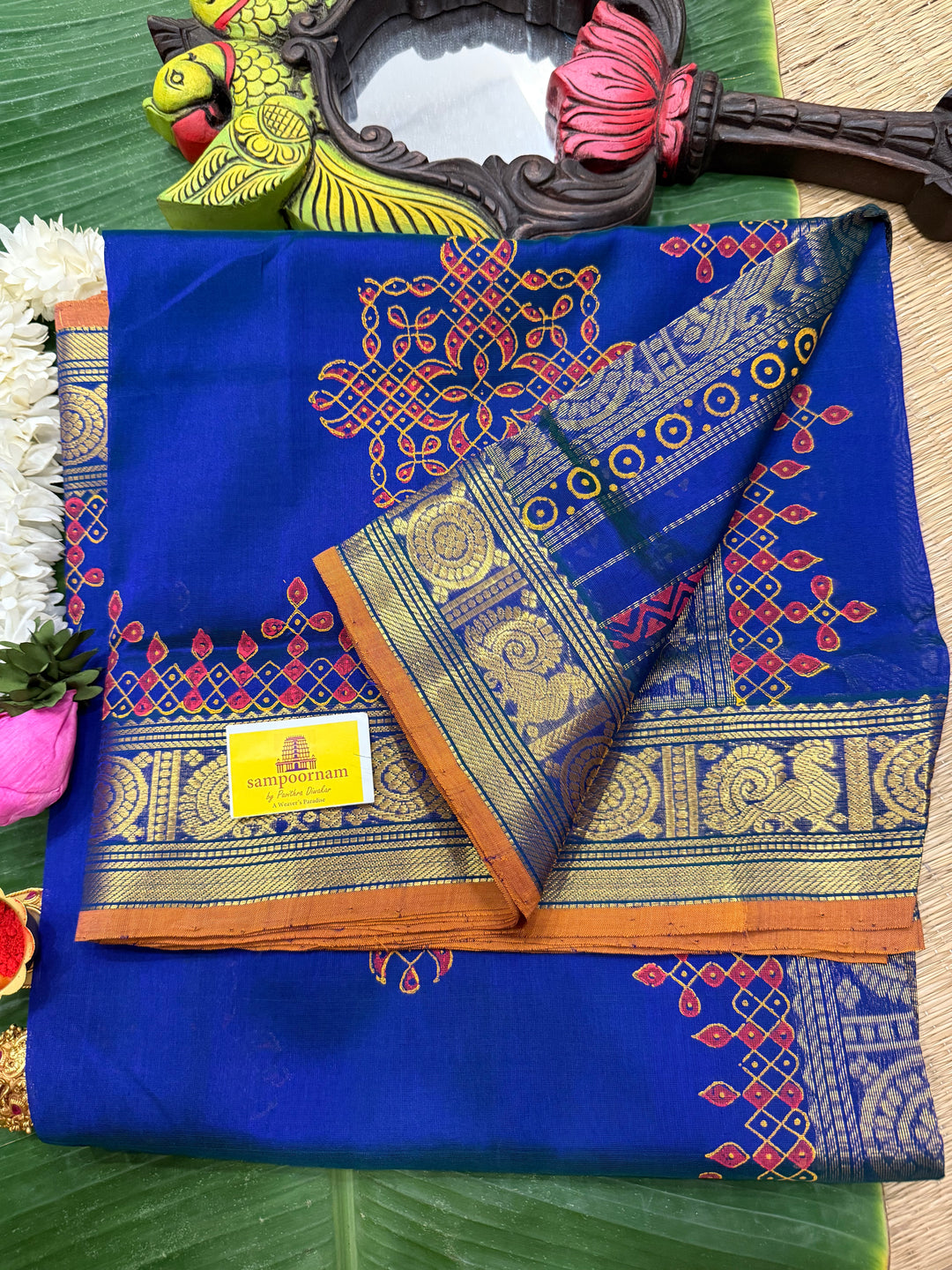 Royal Blue with orange selvedge Traditional Border and Pallu Kolam ,Handblock Printed Silk Cotton Saree