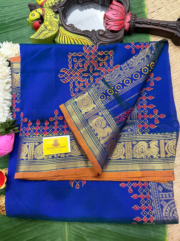 Royal Blue with orange selvedge Traditional Border and Pallu Kolam ,Handblock Printed Silk Cotton Saree