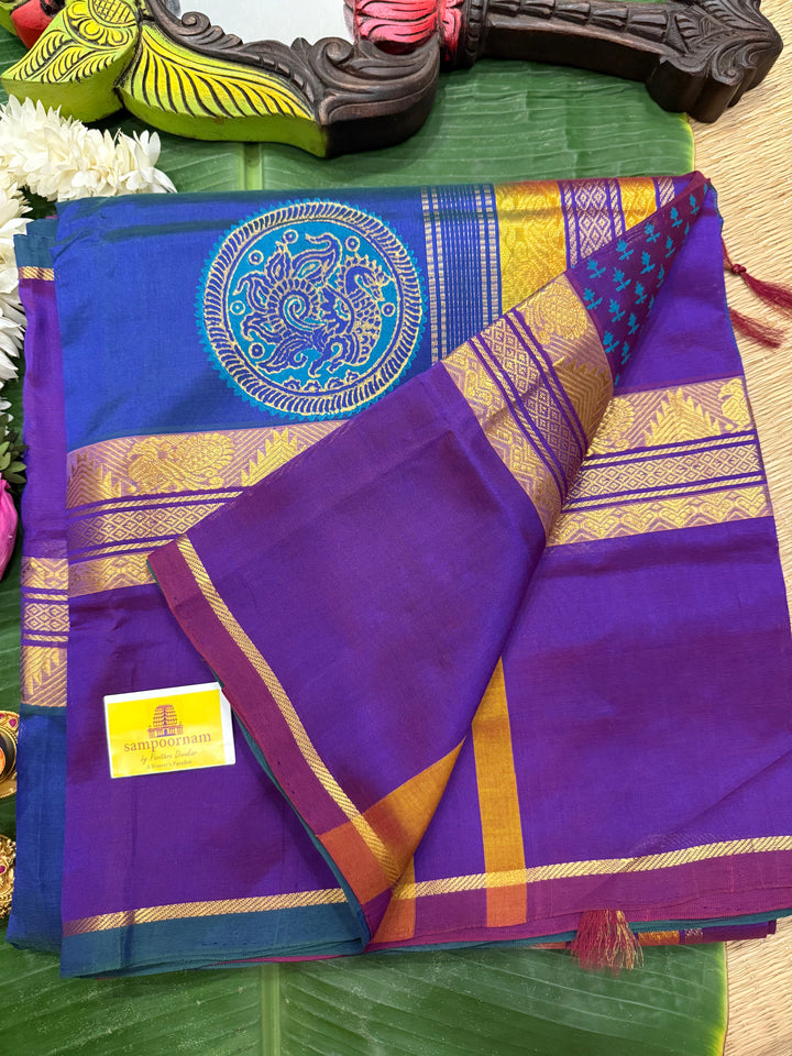 Mayil kazuthu blue with purple , annam hand block printed silk cotton saree