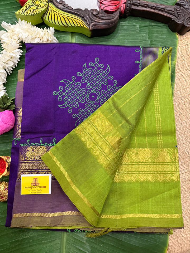 Purple with green Traditional Border and Pallu Kolam Handblock Printed Silk Cotton Saree