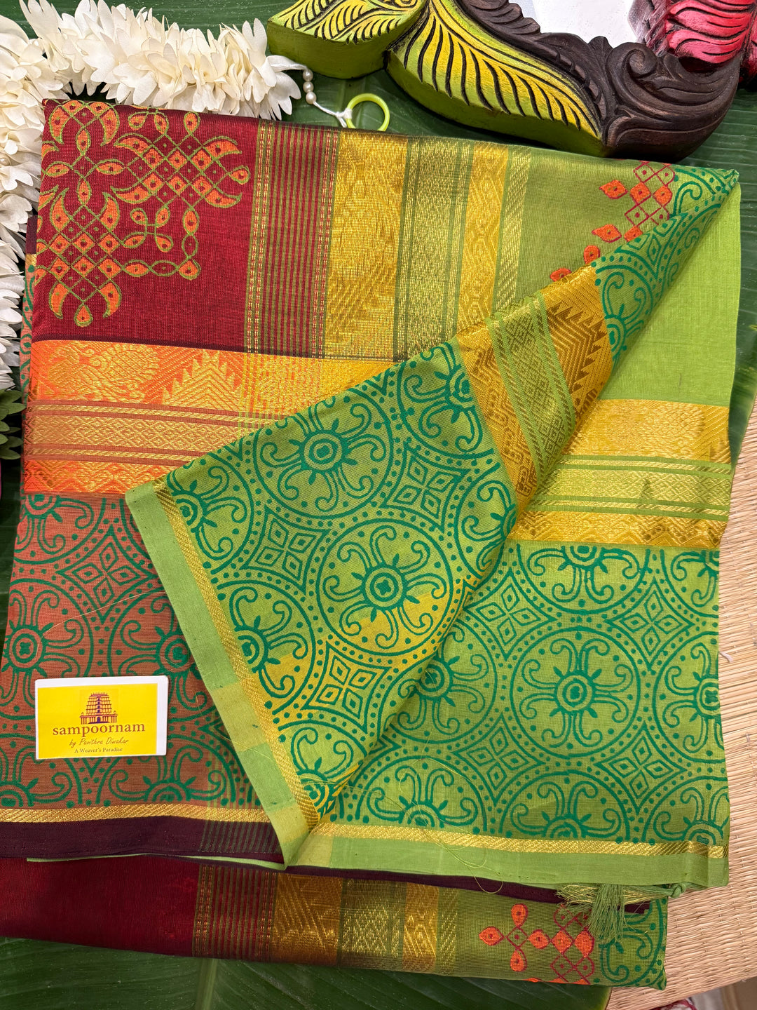 Brick Red with Green Traditional Border and Pallu ,Kolam Handblock Printed Silk Cotton Saree