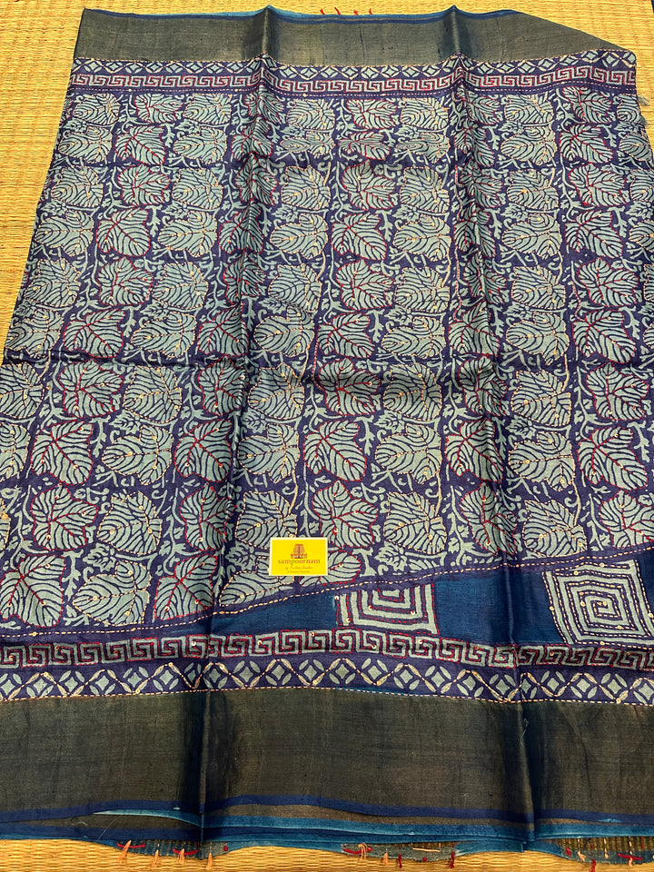 Blue Floral Design, Kantha Embroidery Handwork all over saree, Handpainted Pure Tussar Silk Saree