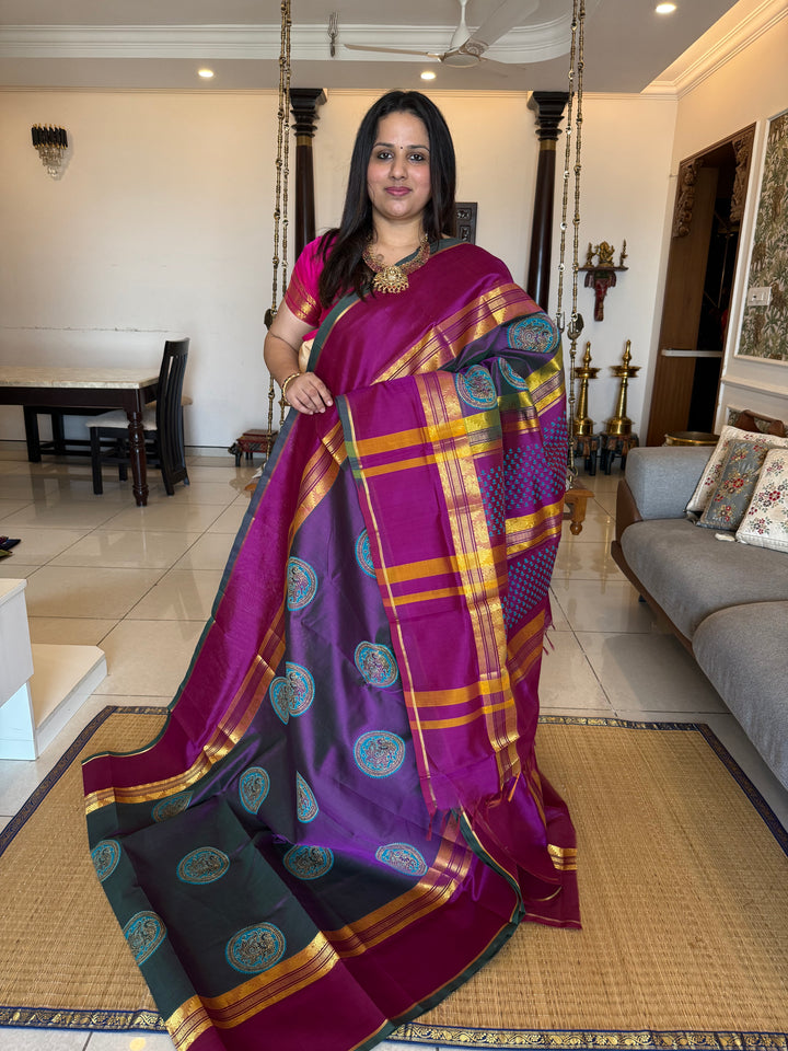 Purple with magentha , annam hand block printed silk cotton saree
