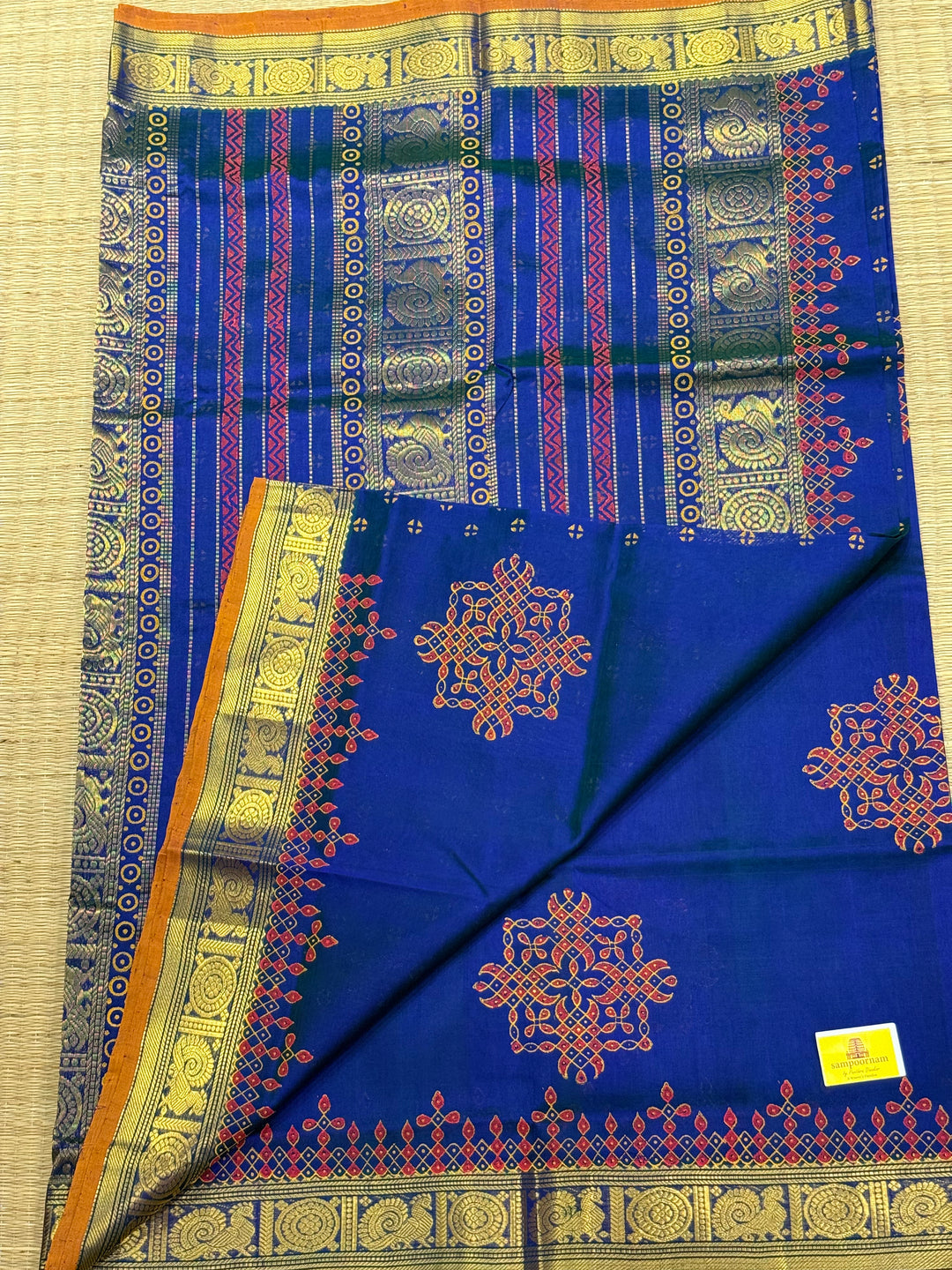 Royal Blue with orange selvedge Traditional Border and Pallu Kolam ,Handblock Printed Silk Cotton Saree