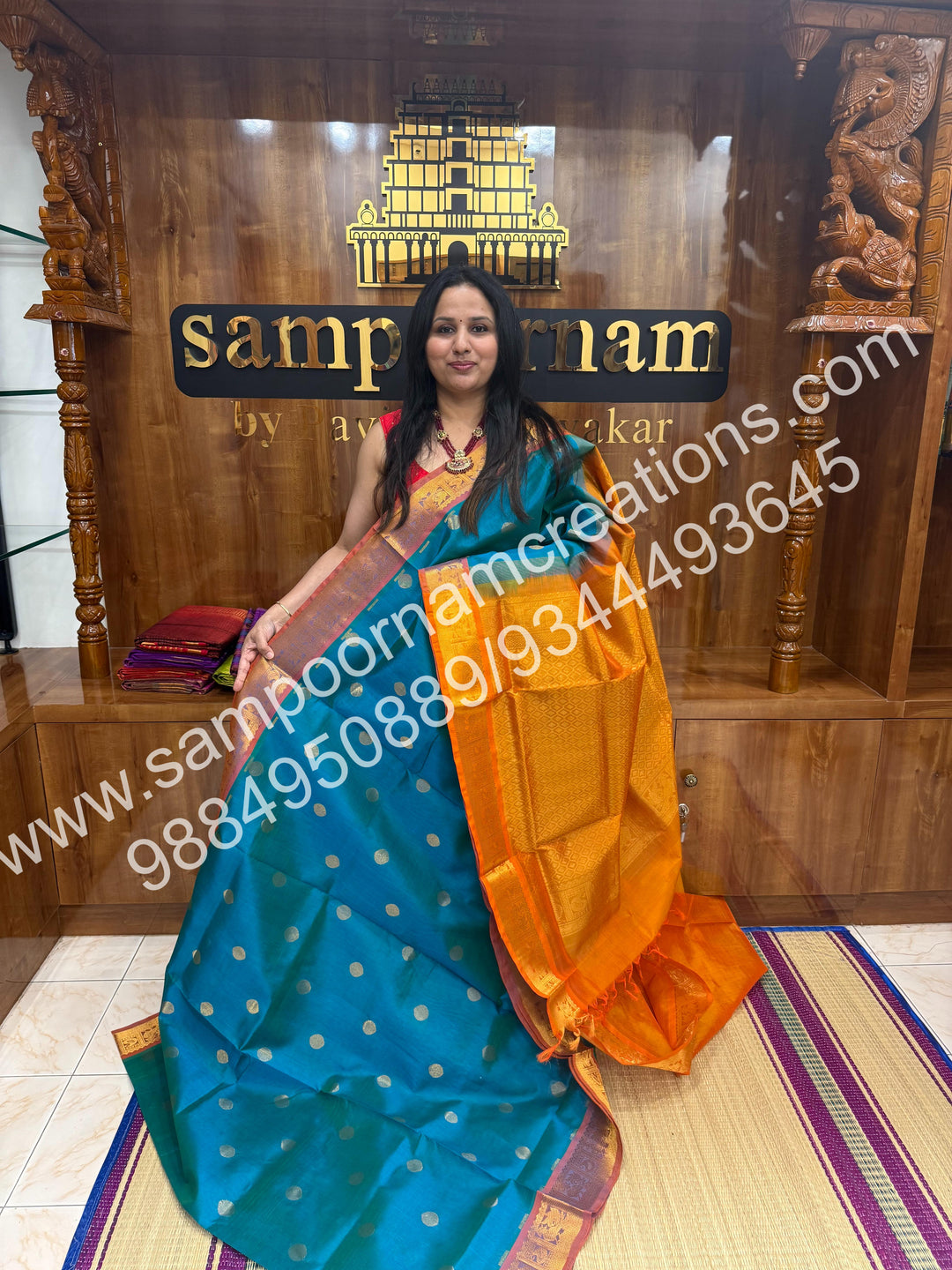 Blue with Mambazha Manjal , rich Coin Zari butta in the body , traditional  borders and rich Pallu silk cotton saree