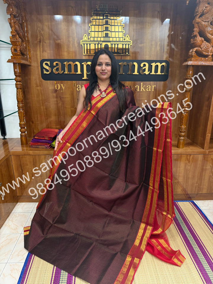 Dark Brown with Red  rich Zari checks in the body and border ,rettapet borders  rich Pallu Silk Cotton Saree