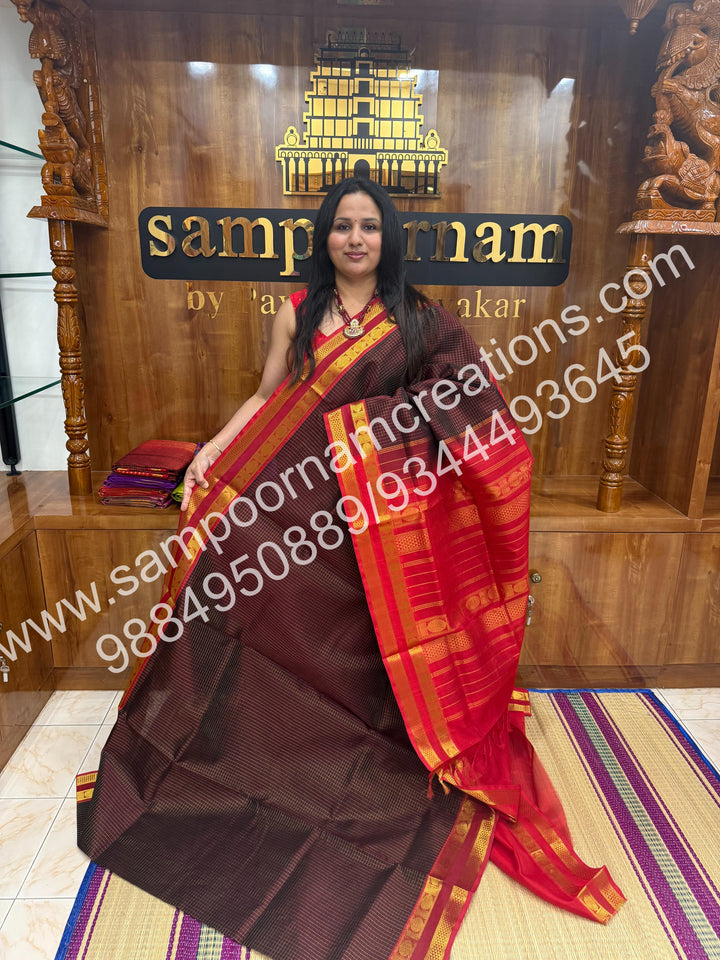 Dark Brown with Red  rich Zari checks in the body and border ,rettapet borders  rich Pallu Silk Cotton Saree