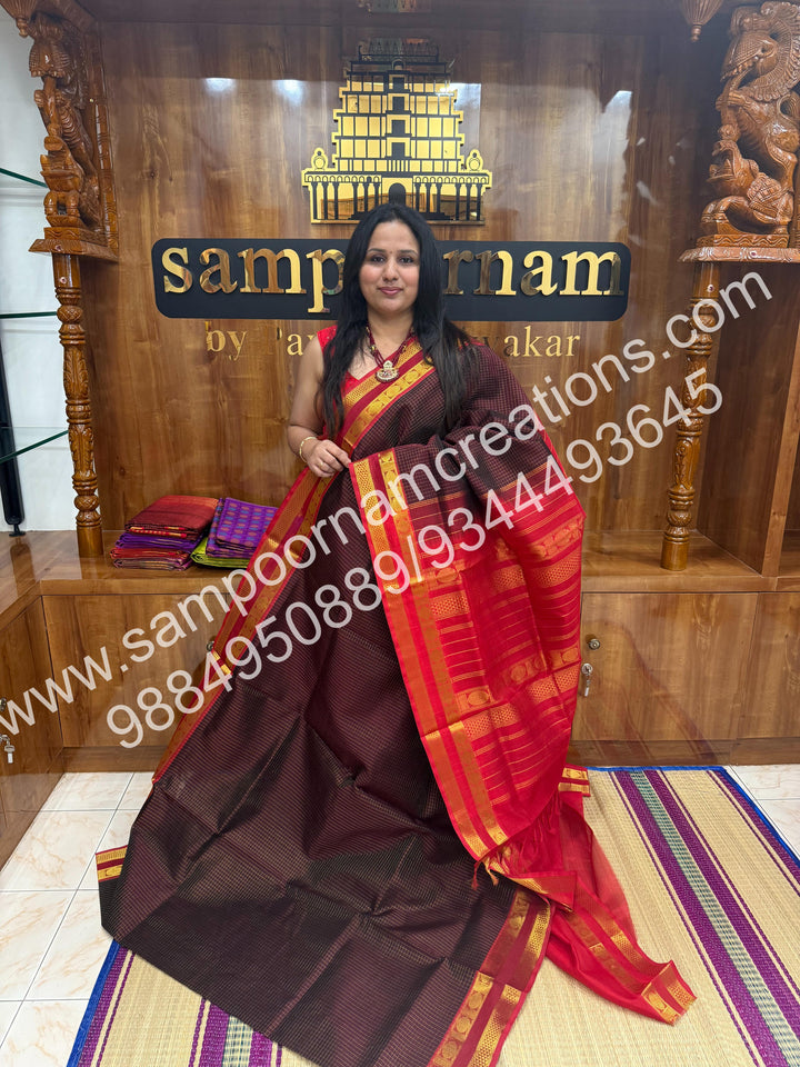 Dark Brown with Red  rich Zari checks in the body and border ,rettapet borders  rich Pallu Silk Cotton Saree