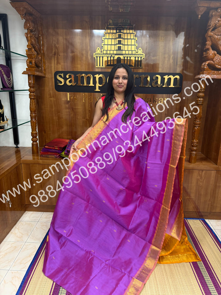 Baby Pink with Mustard , rich Mango Zari butta in the body and Grand Pallu Silk Cotton Saree