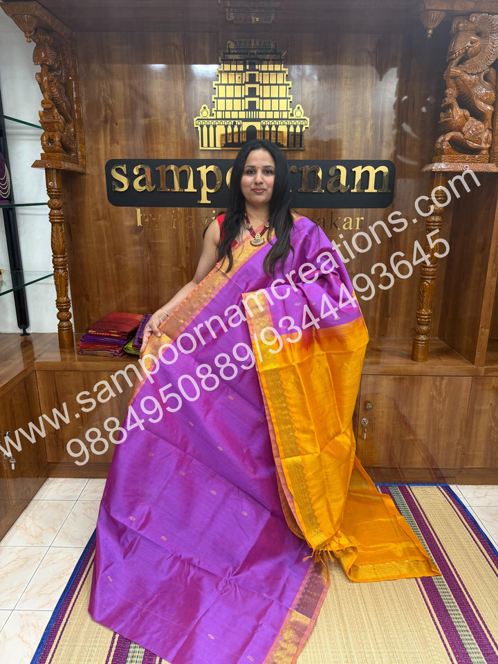 Baby Pink with Mustard , rich Mango Zari butta in the body and Grand Pallu Silk Cotton Saree