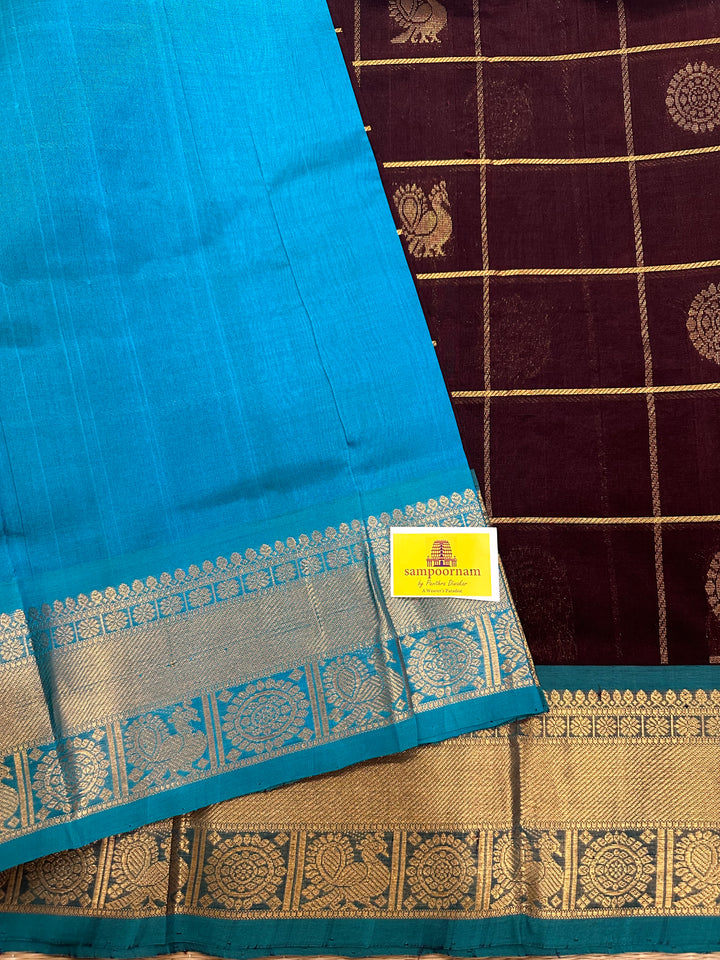 Dark Brown with Turquoise Blue Mayil Chakram Silk Cotton Saree