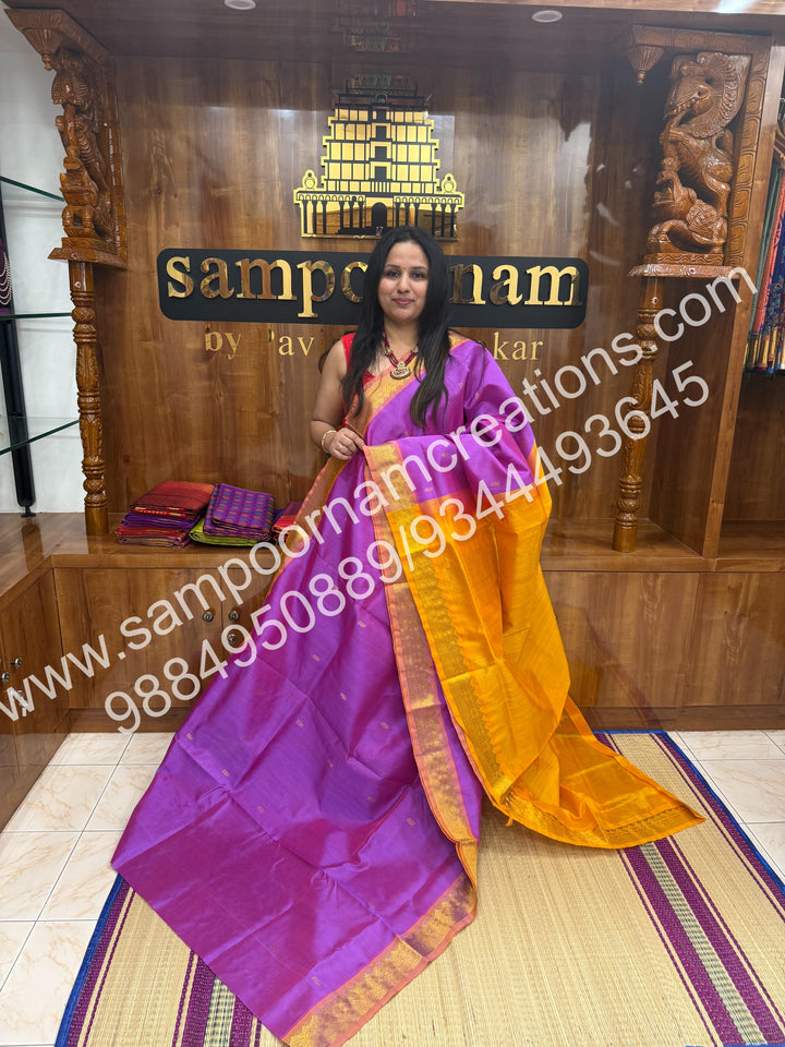 Baby Pink with Mustard , rich Mango Zari butta in the body and Grand Pallu Silk Cotton Saree