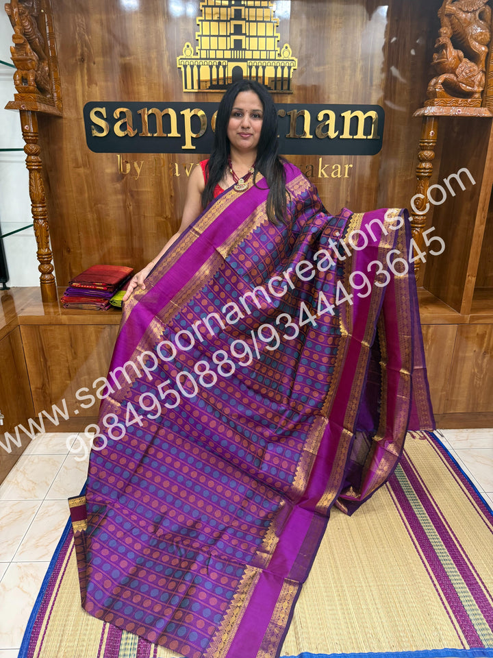 Vadamalli , , rich Rudraksh Thread butta in the body  , rettapet borders and rich Pallu silk cotton saree