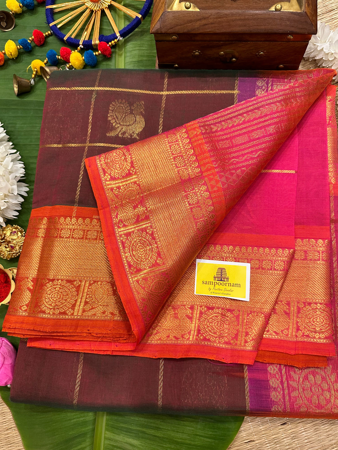 Greenish Brown with Pink Mayil Chakram Silk Cotton Saree