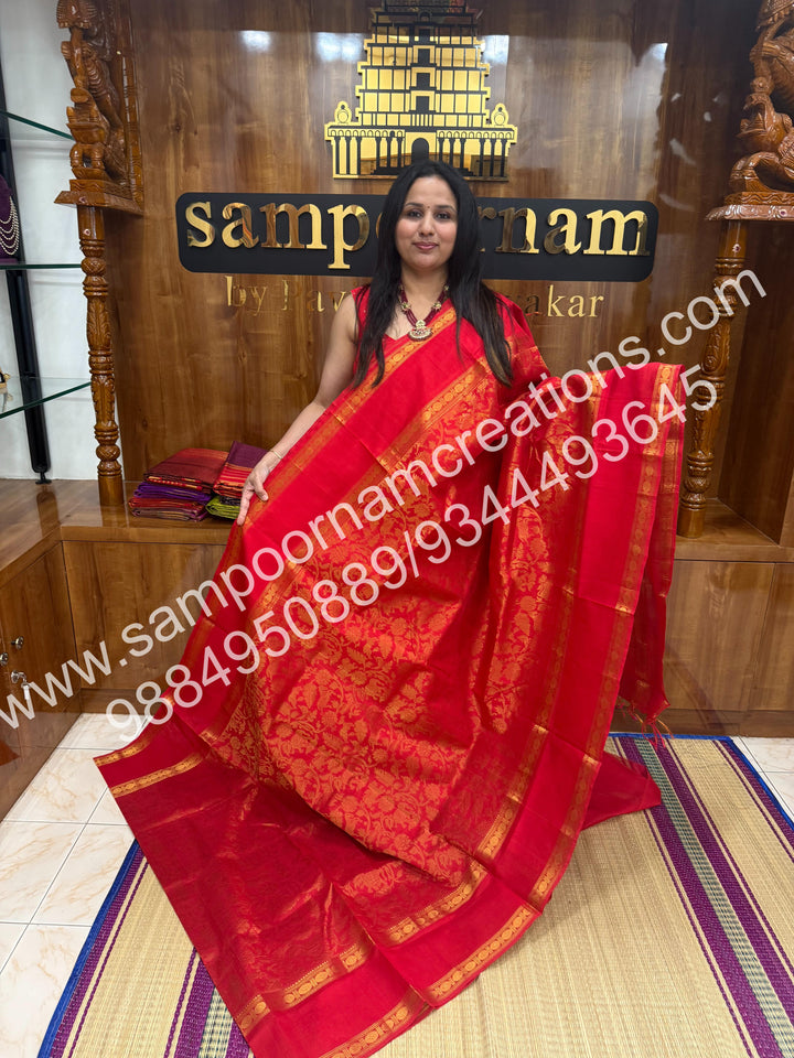 Classic Red ,  rich Vanasingaram Designs in the body , rettapet borders and rich pallu silk cotton saree