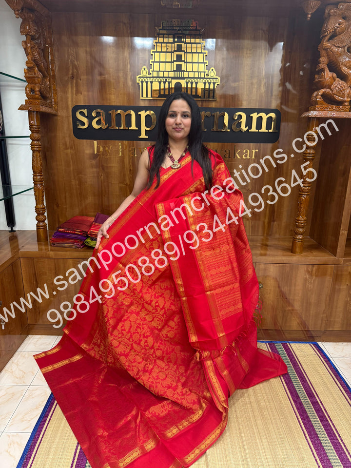 Classic Red ,  rich Vanasingaram Designs in the body , rettapet borders and rich pallu silk cotton saree