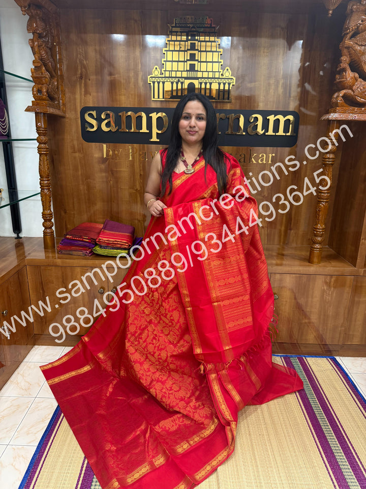 Classic Red ,  rich Vanasingaram Designs in the body , rettapet borders and rich pallu silk cotton saree