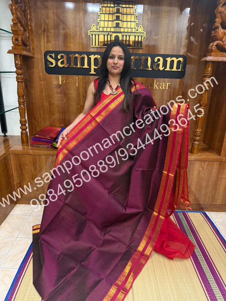 Wine with Red , rich Zari checks in the body and border ,rettapet borders  rich Pallu Silk Cotton Saree