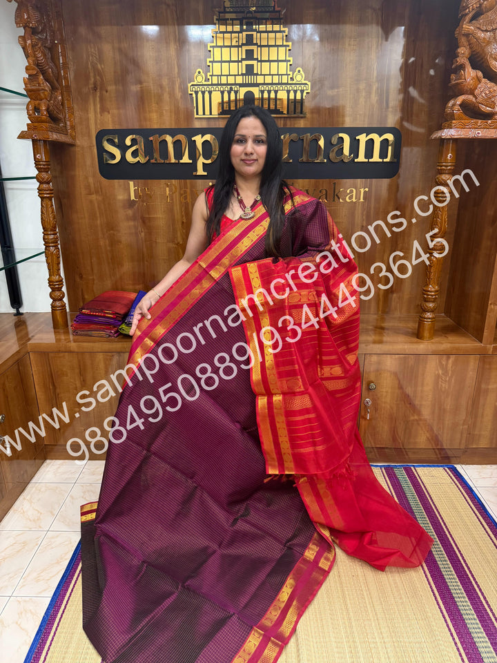 Wine with Red , rich Zari checks in the body and border ,rettapet borders  rich Pallu Silk Cotton Saree