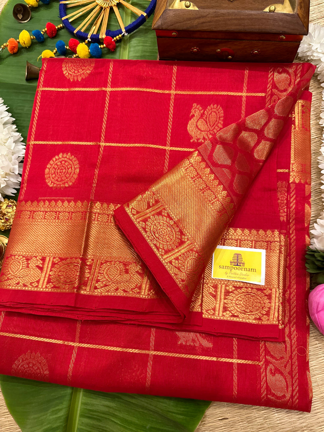 Chilli Red Mayil Chakram Silk Cotton Saree