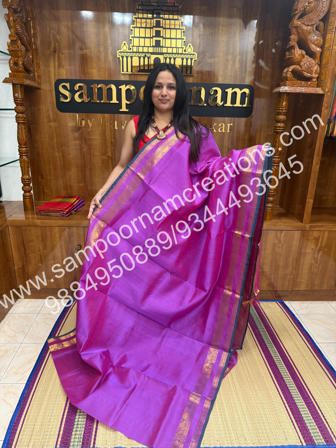 Rose Pink With Green Selvedge , rettapet border and Rich Pallu Silk Cotton Saree