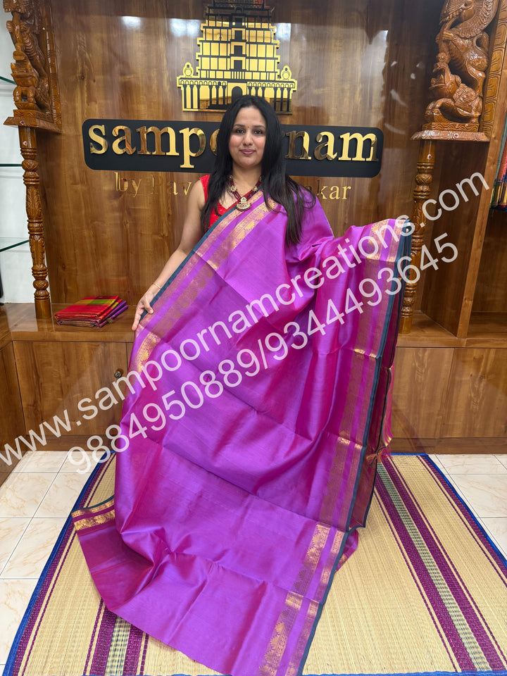 Rose Pink With Green Selvedge , rettapet border and Rich Pallu Silk Cotton Saree