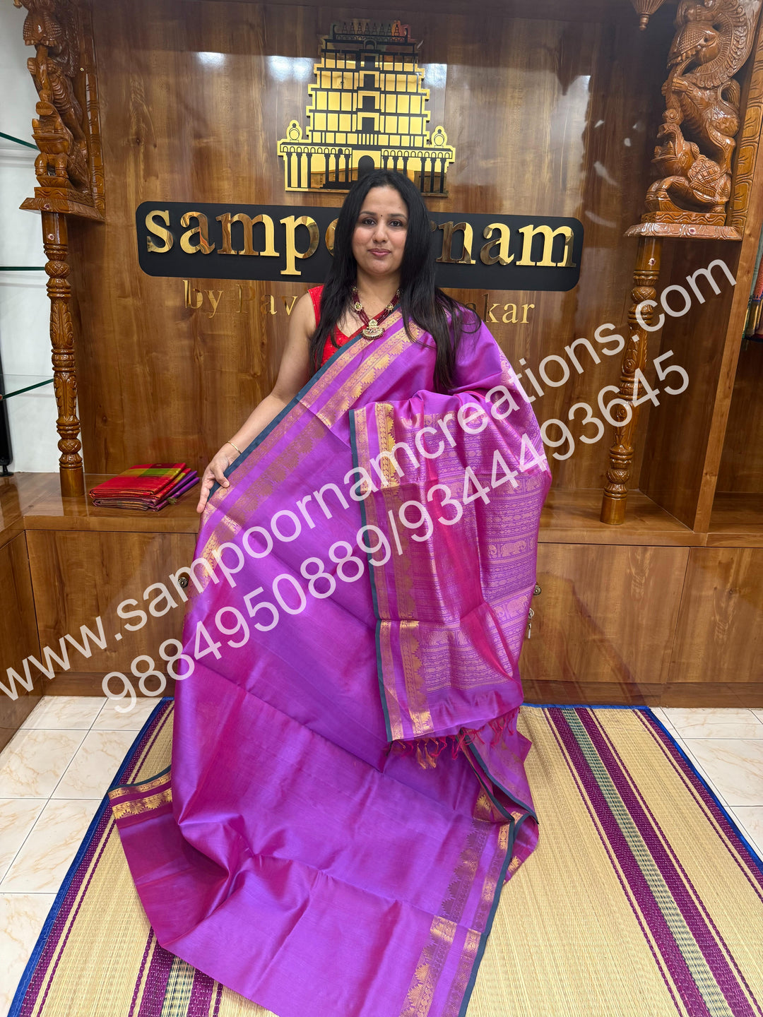 Rose Pink With Green Selvedge , rettapet border and Rich Pallu Silk Cotton Saree