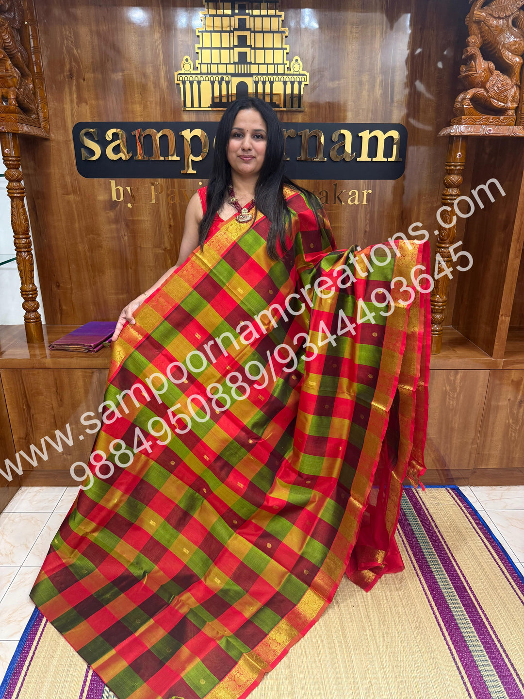 Green, Red, Manthulir with Red ,Pallum Pazham checks with rich butta traditional borders and rich pallu silk cotton sarees