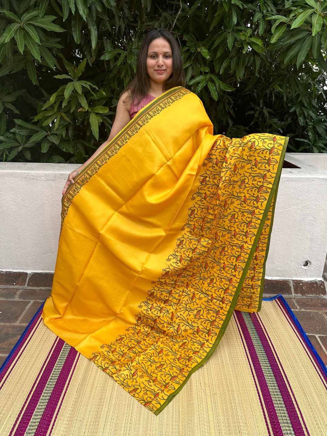 Mustard Yellow Pichwai Cow Handblock Printed Tussar Silk Saree, with contrast handblock printed bloucs