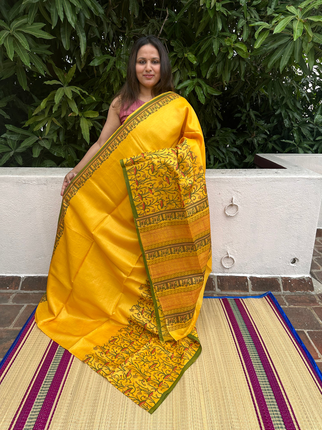 Mustard Yellow Pichwai Cow Handblock Printed Tussar Silk Saree, with contrast handblock printed bloucs