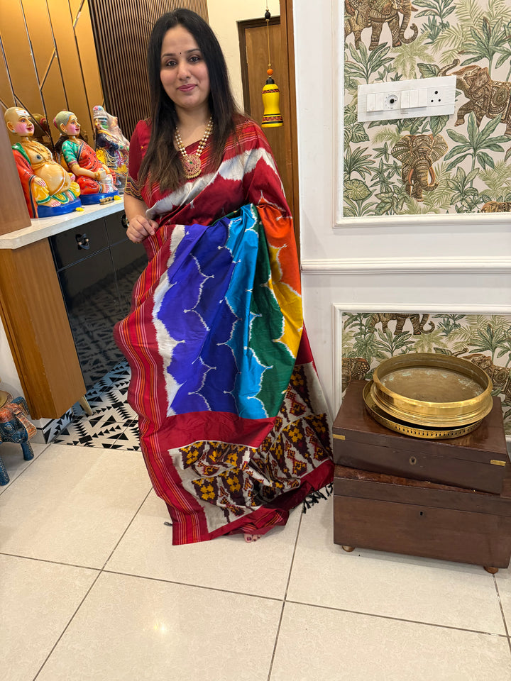 A fusion of Colours with Maroon borders and blouse , double ikkat , designer Pochampally Silk Saree