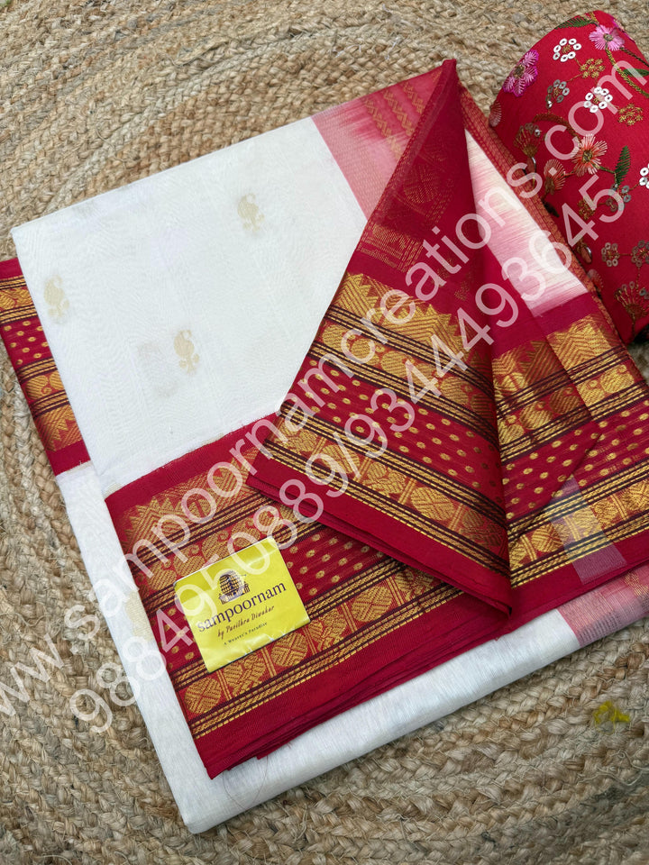 Cream with Red , rich Mango Zari butta in the body , Lakshadeepam borders and Grand Pallu Korvai Silk Cotton Saree