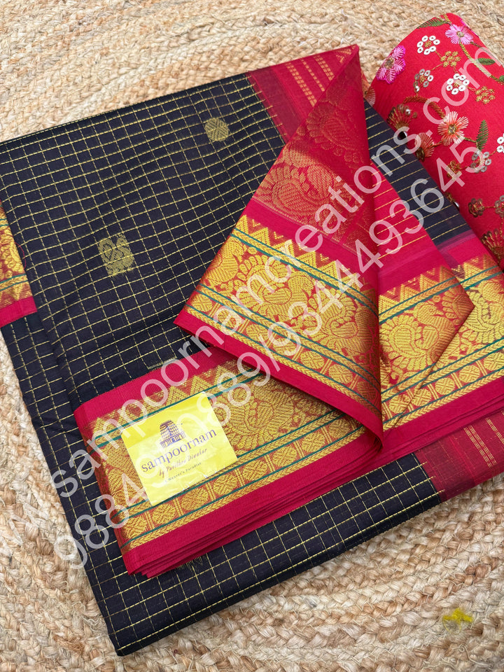 Dark Brown with Red , rich Zari Kattam with Mayil and Chakkram butta  in the body , traditional border and rich Pallu Korvai Silk Cotton Saree