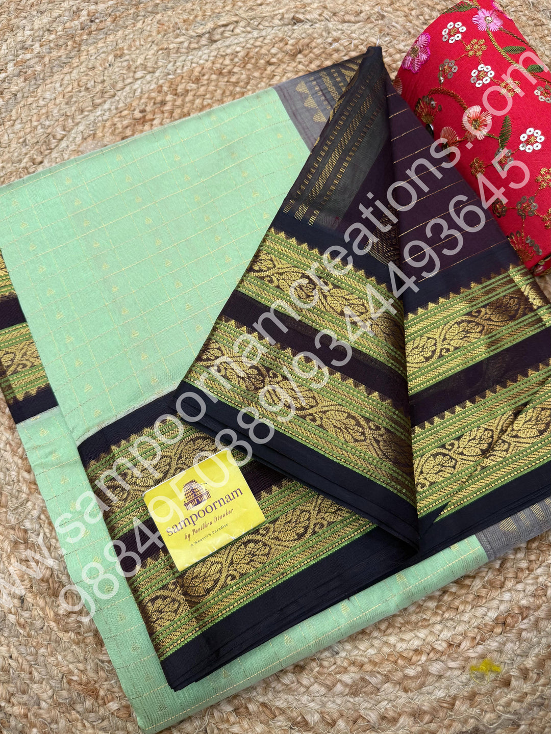 Mint Green with Dark Brown  , rich Zari Kattam with Butta  in the body , rettaapet  border and rich Pallu Korvai Silk Cotton Saree