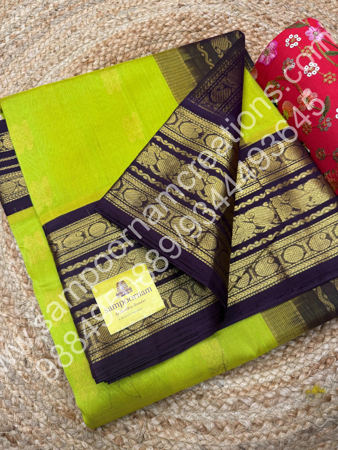 Manthulir with Dark Brown , Rich Annam Zari butta in the body , traditional Kanchi Borders and Grand Pallu Korvai Silk Cotton Saree