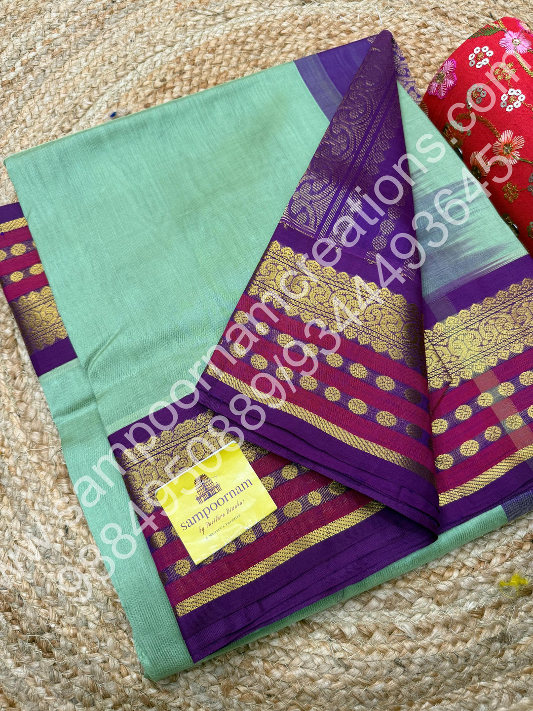 Pista Green with Vadamalli , traditional Kanchi border with rich  Pallu Korvai Silk Cotton Saree