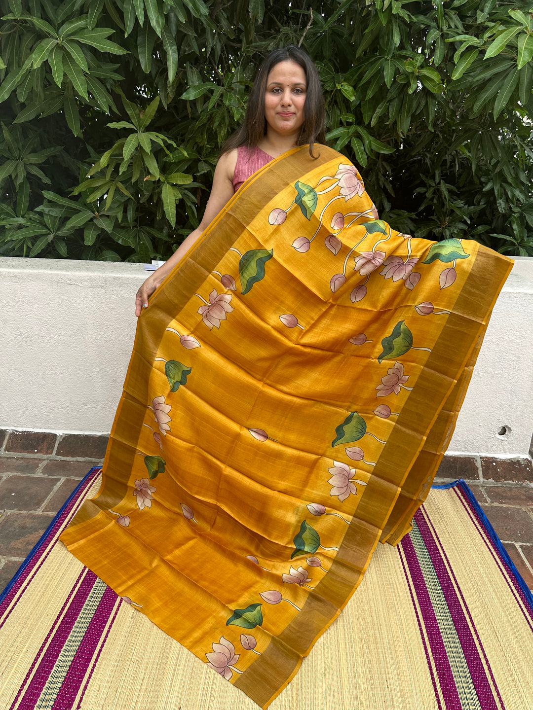 Mustard Colour Saree with Pichwai Lotus Motifs in Body , Pichwai Cow and Lord Krish Painting in Pallu,  Handpainted Pure Tussar Silk Saree