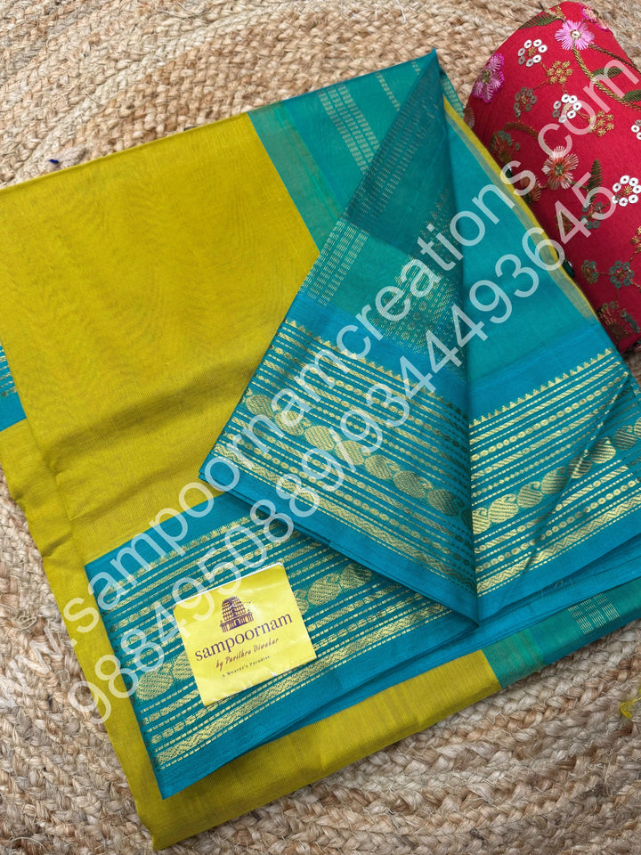 Lemon Green with Turquoise Blue , traditional  border with rich  Pallu Korvai Silk Cotton Saree