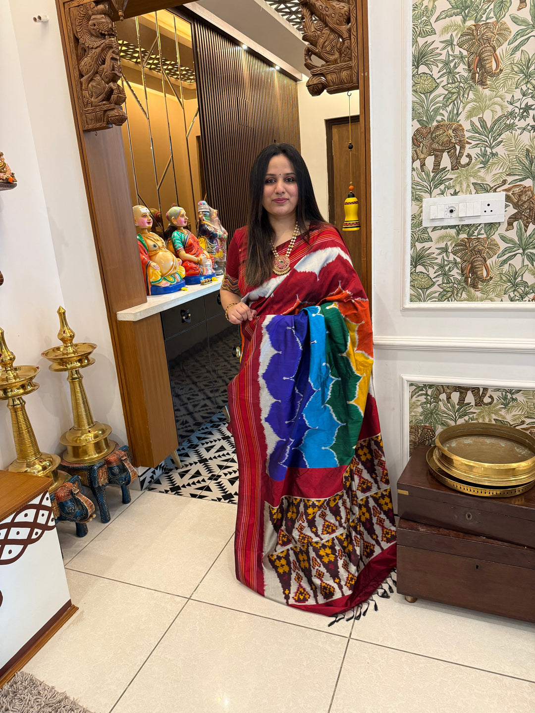A fusion of Colours with Maroon borders and blouse , double ikkat , designer Pochampally Silk Saree