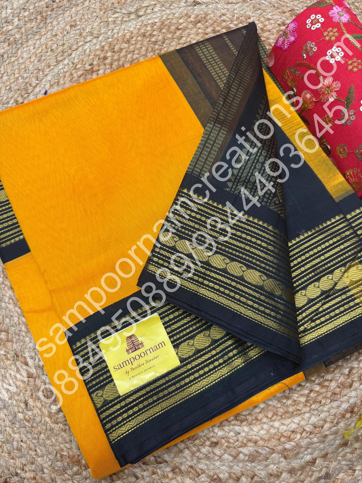 Yellow with Bottle Green  , traditional  border with rich  Pallu Korvai Silk Cotton Saree