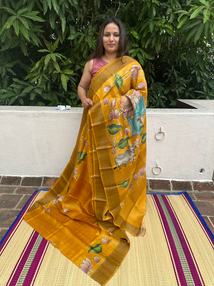 Mustard Colour Saree with Pichwai Lotus Motifs in Body , Pichwai Cow and Lord Krish Painting in Pallu,  Handpainted Pure Tussar Silk Saree