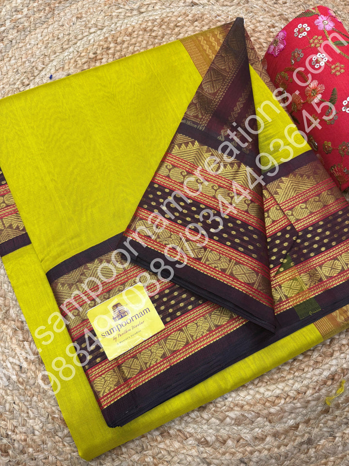 Olive Green with Maroon , traditional Lakshadeepam border with rich  Pallu Korvai Silk Cotton Saree