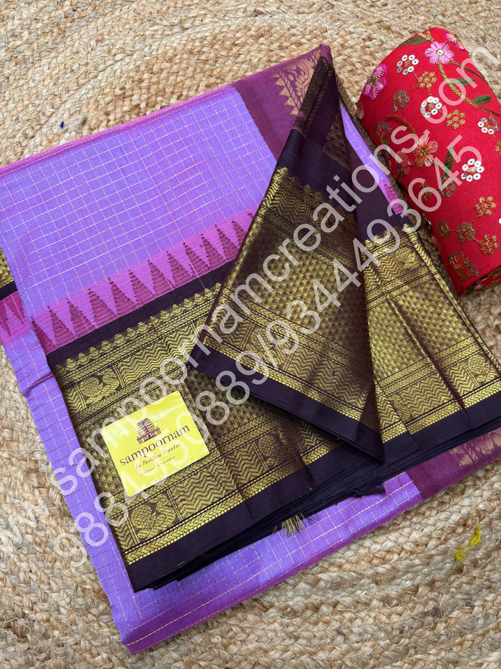 Lavender with Arakku  , rich Zari Kattam in the body , traditional One side Long border and rich Pallu Korvai Silk Cotton Saree