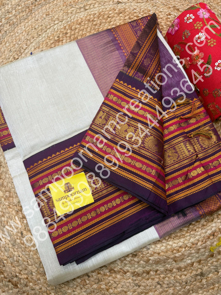 Ivory with Purple , traditional Kanchi border with rich  Pallu Korvai Silk Cotton Saree