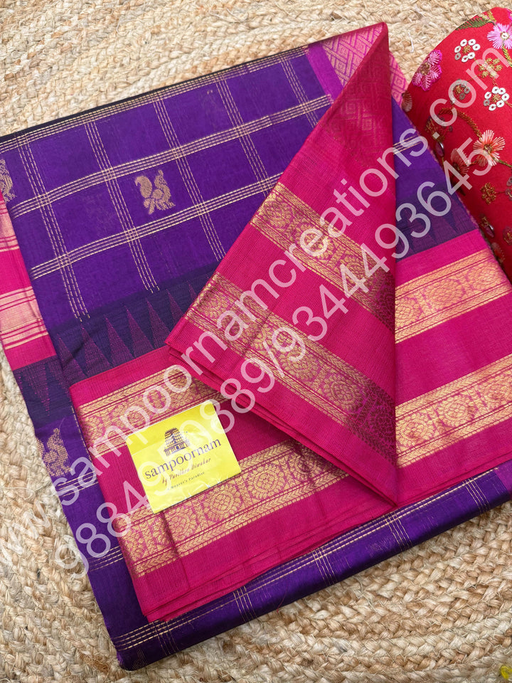 Purple with Magenta  , Rich Zari Kattam and  Annam  butta in the body , rettapet Borders and Grand Pallu Korvai Silk Cotton Saree