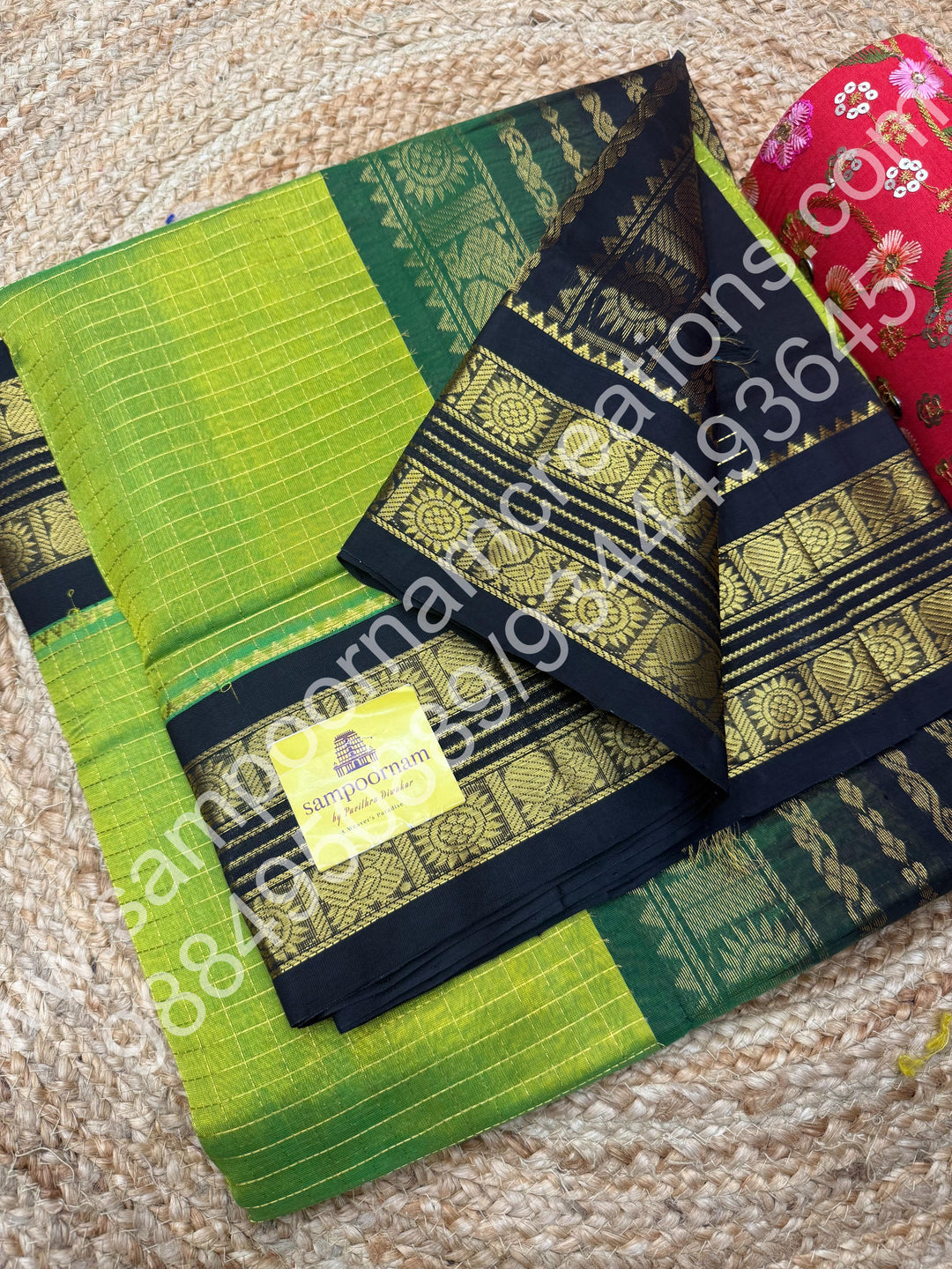 Parrot Green with Black  , rich Zari Kattam in the body , rettapet border and rich Pallu Korvai Silk Cotton Saree