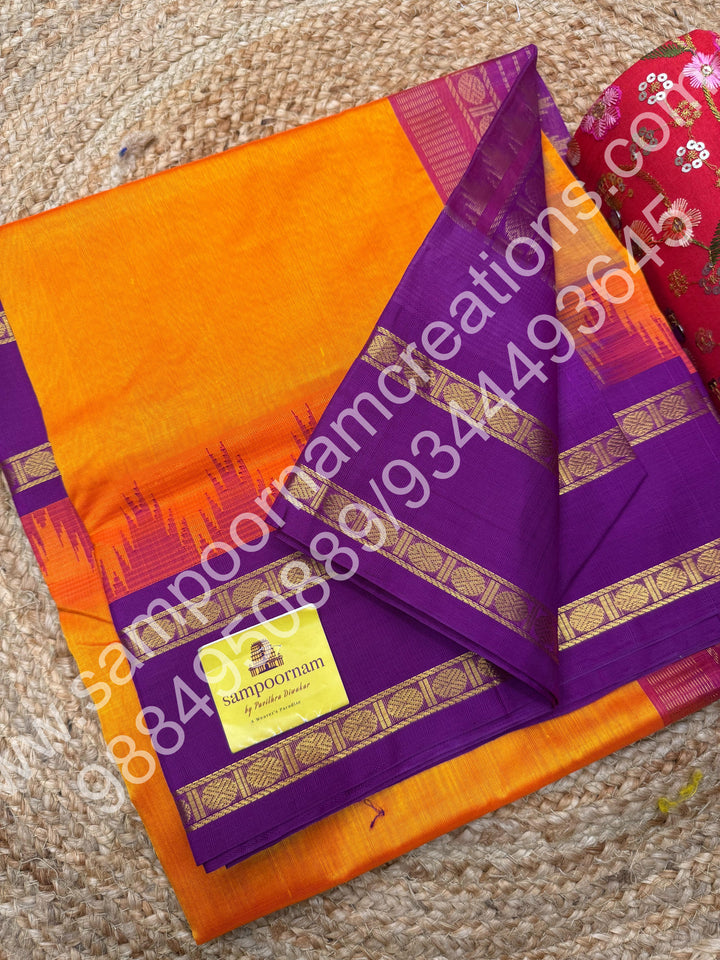 Mambazha Manjal with Magenta , rettapet  border with rich  Pallu Korvai Silk Cotton Saree