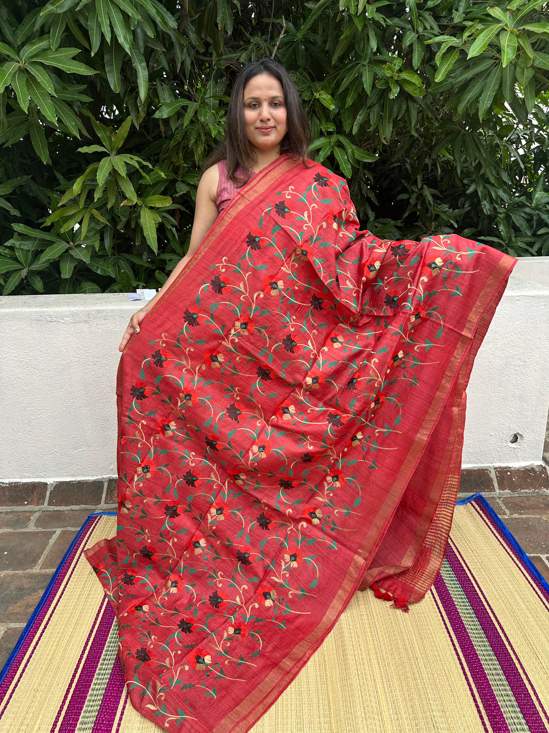 Floral Embroided Red Pure Tussar Silk Saree