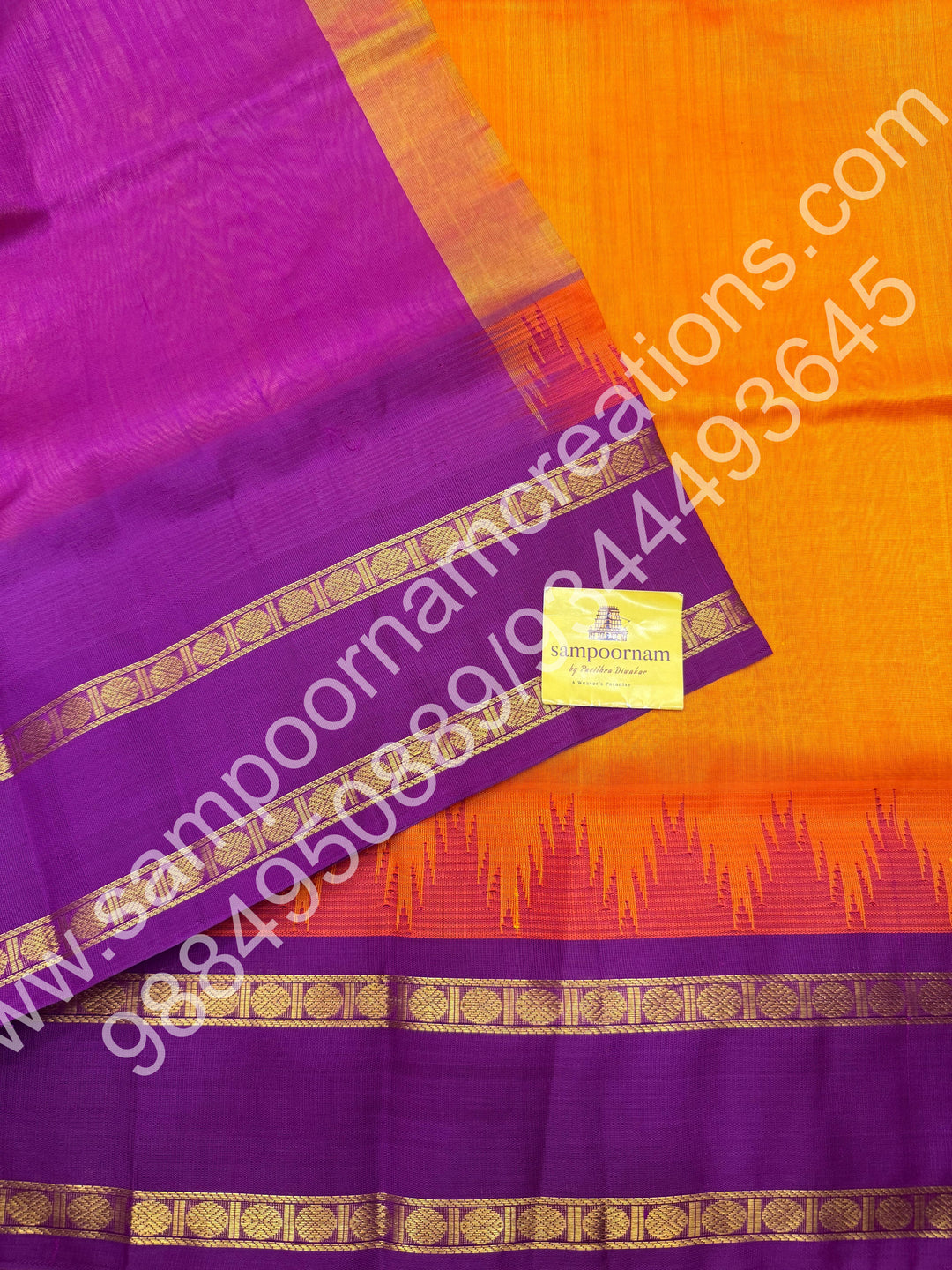 Mambazha Manjal with Magenta , rettapet  border with rich  Pallu Korvai Silk Cotton Saree