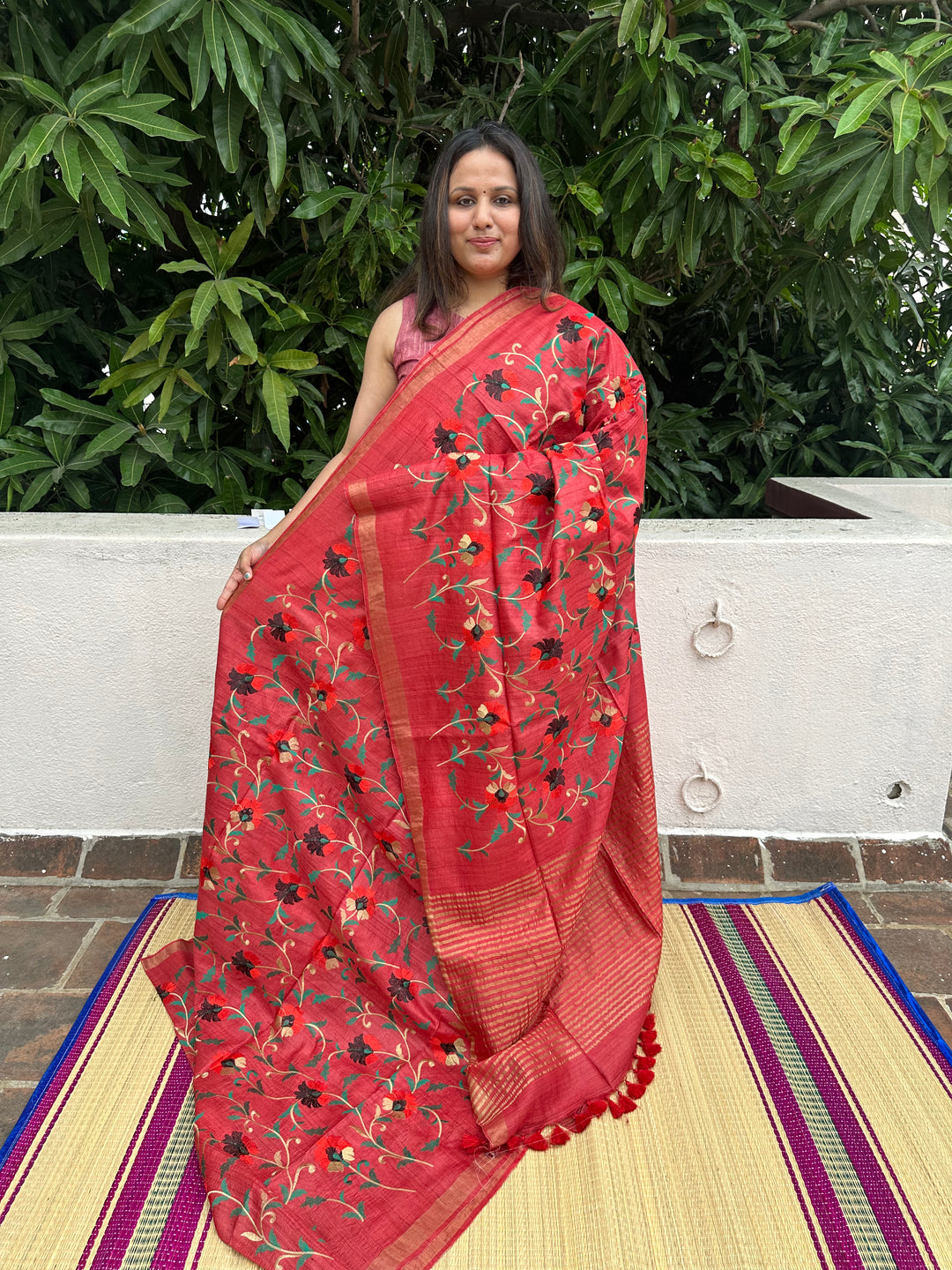 Floral Embroided Red Pure Tussar Silk Saree